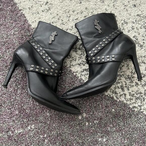 Black Leather Women's Ankle Boots with Studded Straps - Picture 1 of 5